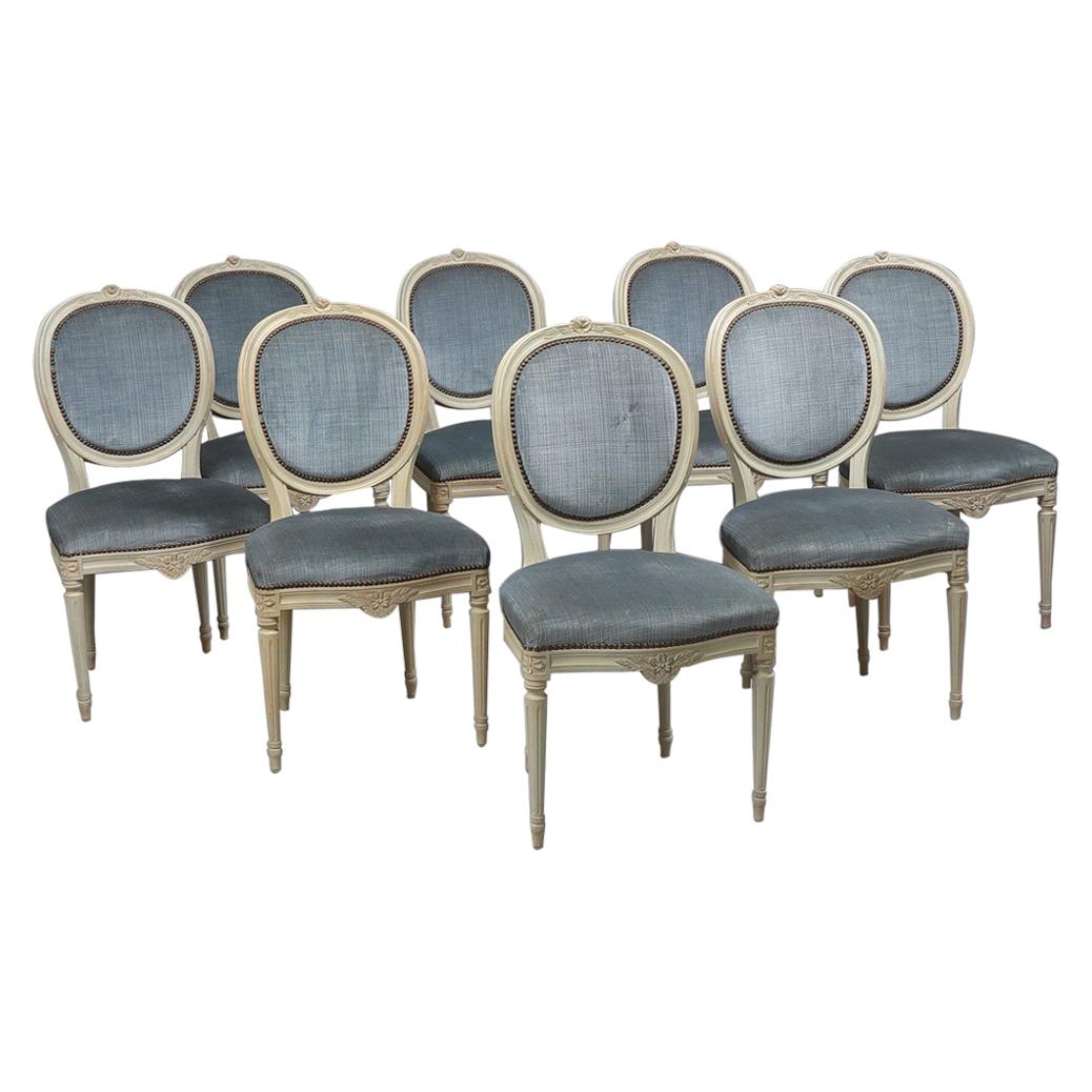 Swedish Gustavian Round Back Upholstered Dining Chairs Set of 8, Early 1900s