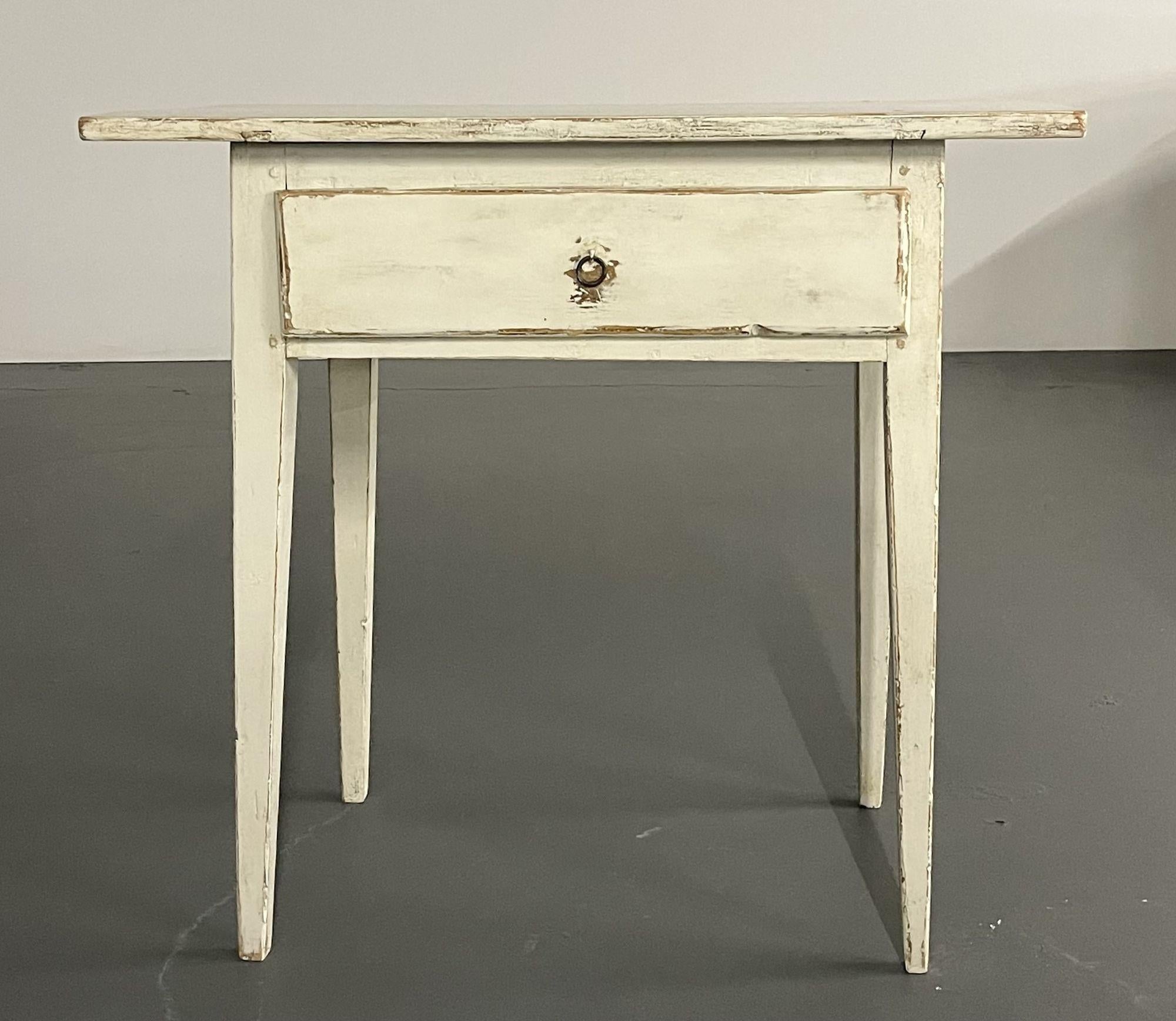 Swedish Gustavian Single Drawer Stand, Table or Nightstand, Paint Decorated
 
A Sweet One Drawer Original Paint Decorated Stand or End Table, Writing Desk. Having long sleek tapering legs leading to a very wide table top. 
 
Other Scandinavian