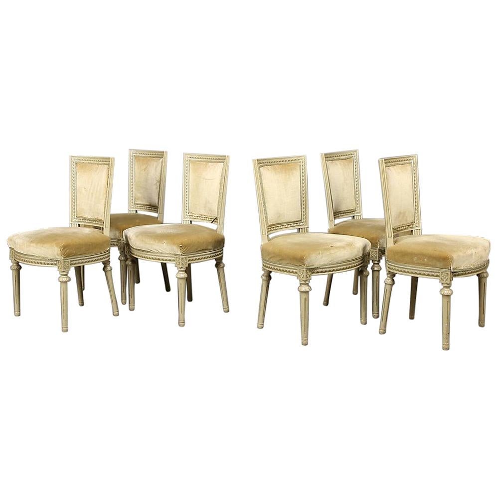 Swedish Gustavian Square Back Dining Chairs Grey Green Set of Six, 20th Century