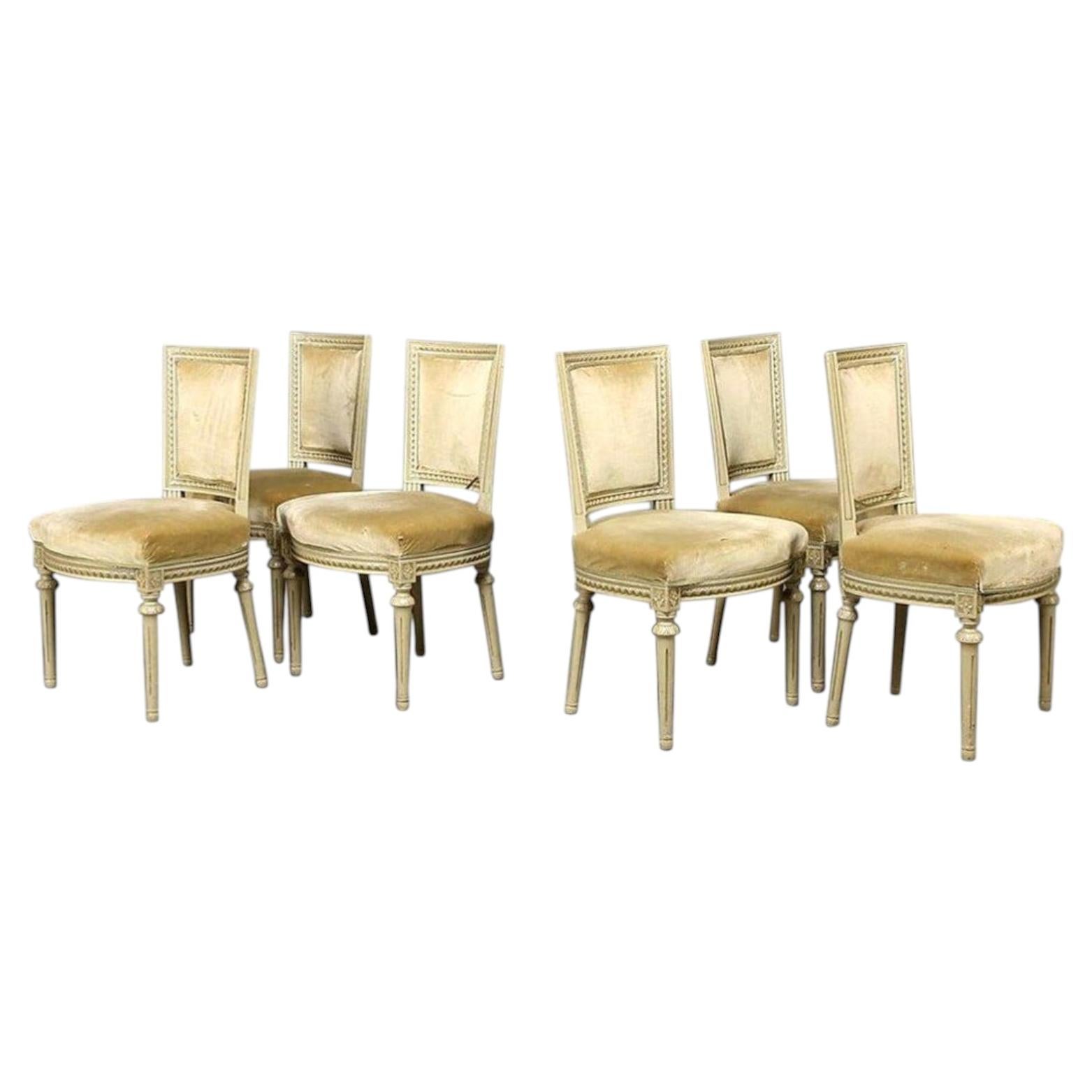 Swedish Gustavian Square Back Dining Chairs Grey Green Set of Six, 20th Century For Sale