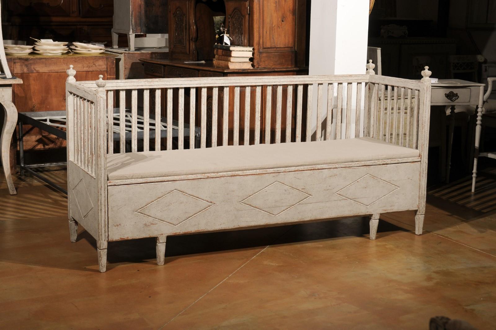Carved Swedish Gustavian Style 1830s Painted Sofa Bench with Lift Seat and Diamonds