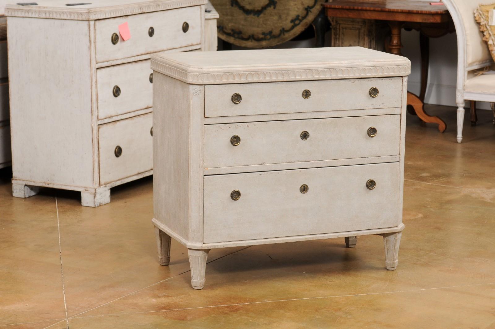 Swedish Gustavian Style 1840s Painted Three-Drawer Chest with Carved Frieze In Good Condition In Atlanta, GA