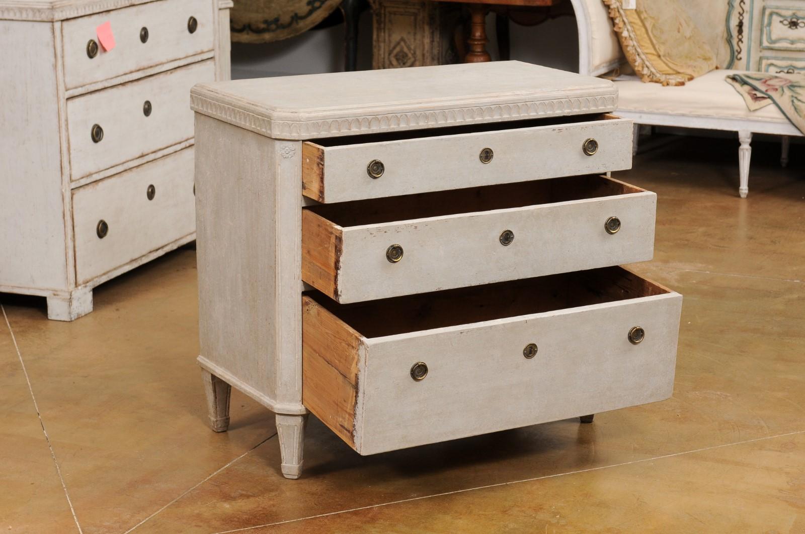 19th Century Swedish Gustavian Style 1840s Painted Three-Drawer Chest with Carved Frieze