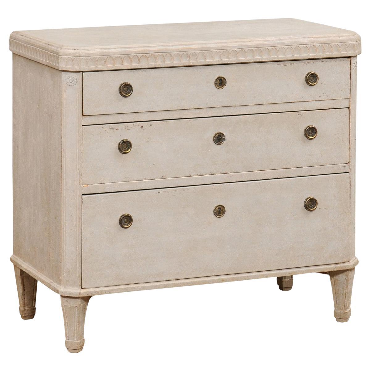 Swedish Gustavian Style 1840s Painted Three-Drawer Chest with Carved Frieze