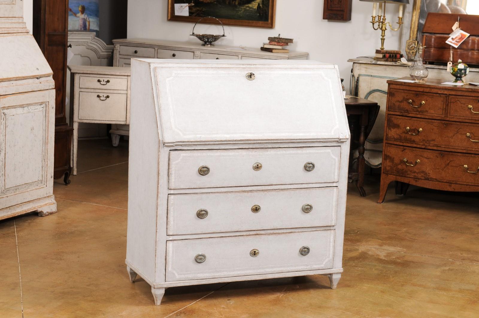 Swedish Gustavian Style 1850s Blue Gray Painted Slant Front Secretary In Good Condition For Sale In Atlanta, GA