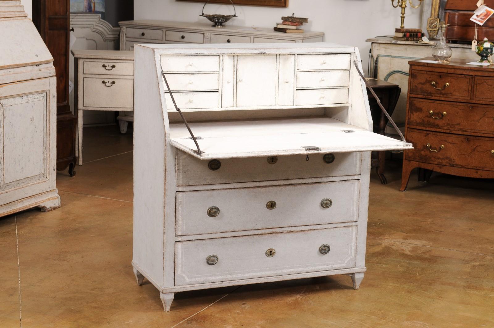 Swedish Gustavian Style 1850s Blue Gray Painted Slant Front Secretary For Sale 1