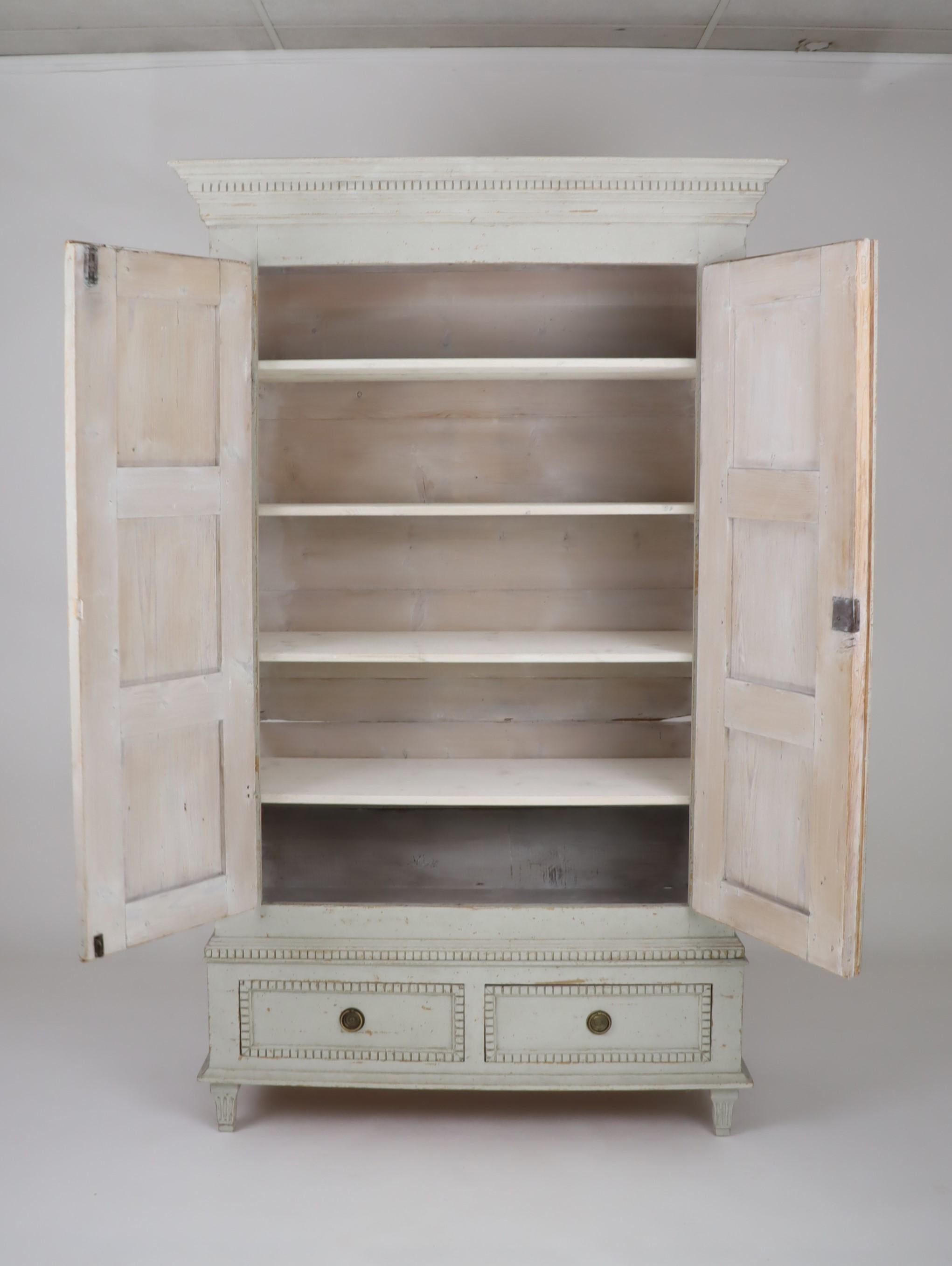 19th Century Swedish Gustavian Style 1850s Gray Painted Wardrobe with Doors and Drawers