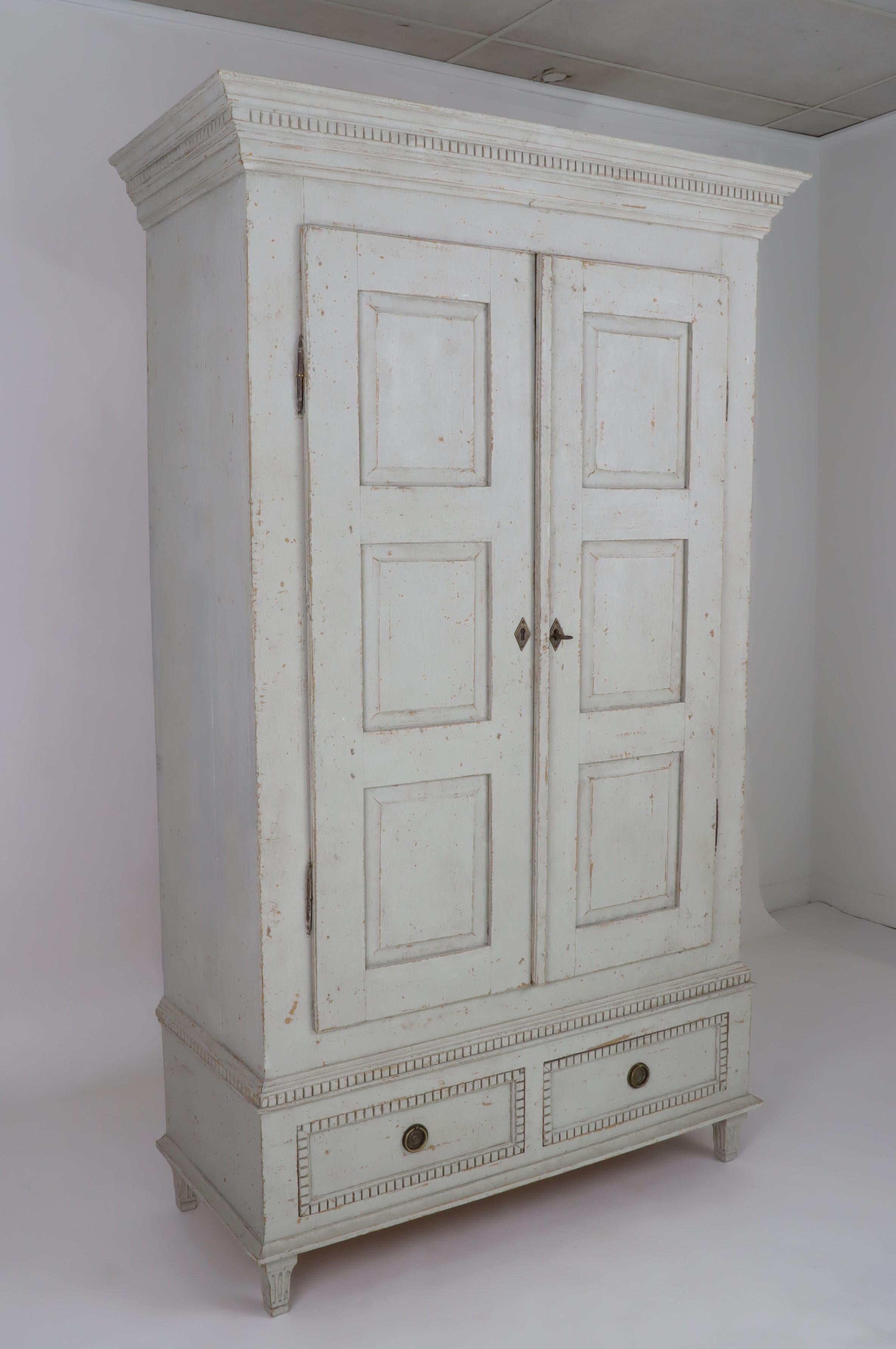Swedish Gustavian Style 1850s Gray Painted Wardrobe with Doors and Drawers 1