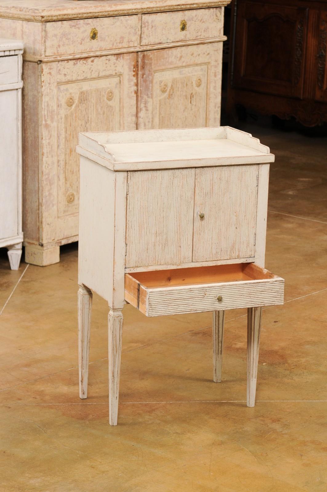 Wood Swedish Gustavian Style 1850s Painted Bedside Table with Reeded Doors and Drawer
