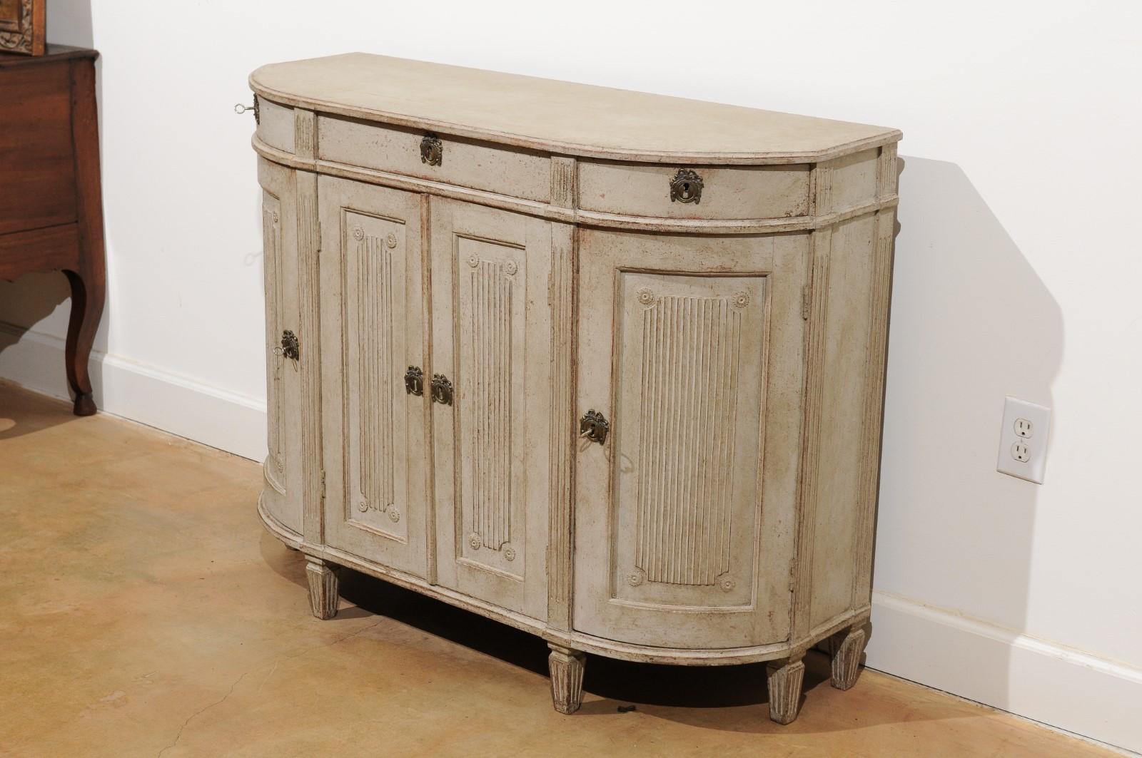 Swedish Gustavian Style 1850s Painted Demilune Sideboard with Reeded Motifs 1