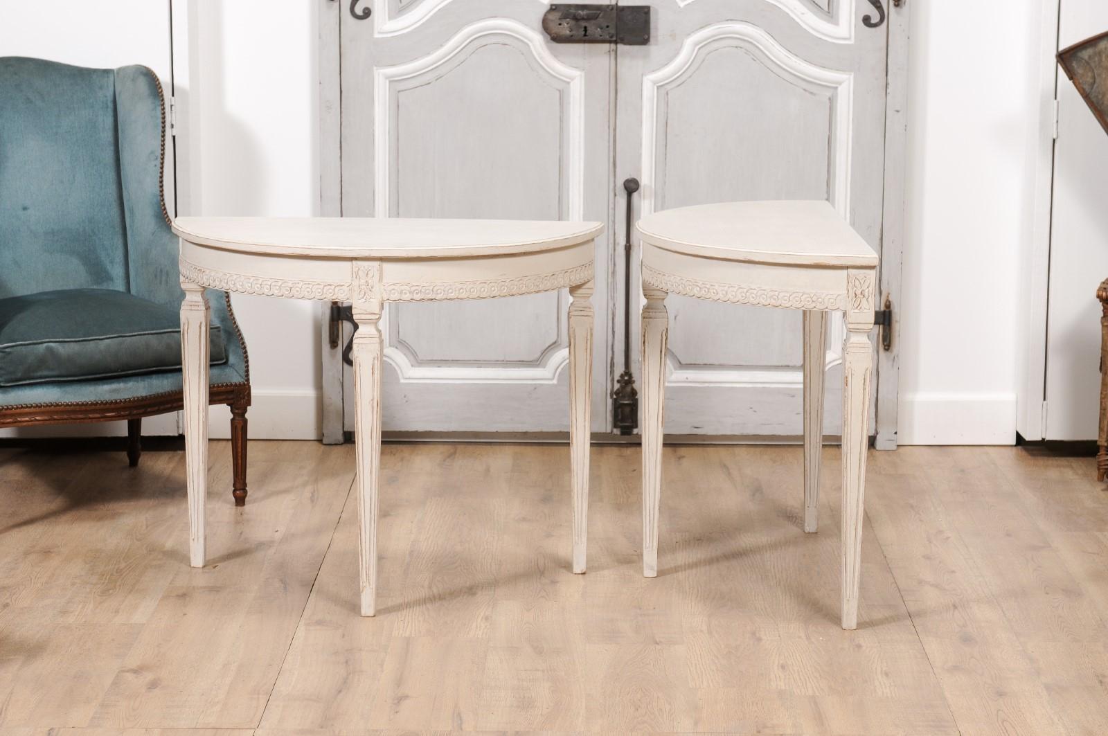 Swedish Gustavian Style 1850s Painted Demilunes with Carved Guilloches, Pair For Sale 5
