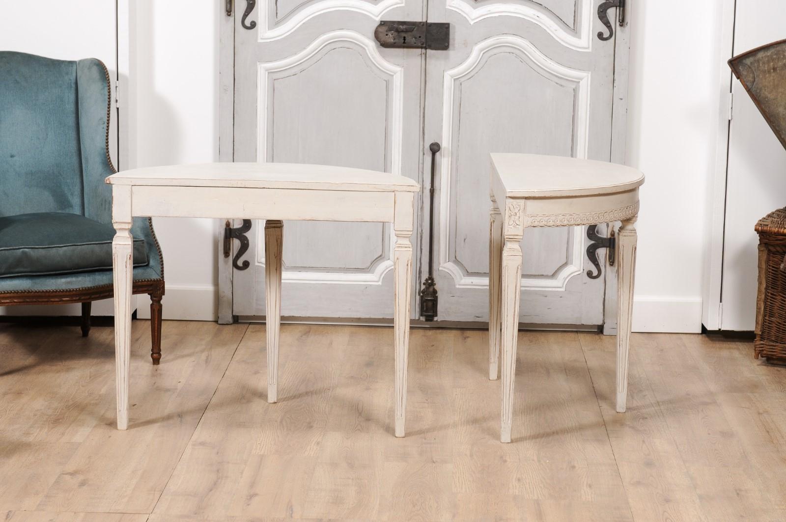 Wood Swedish Gustavian Style 1850s Painted Demilunes with Carved Guilloches, Pair For Sale