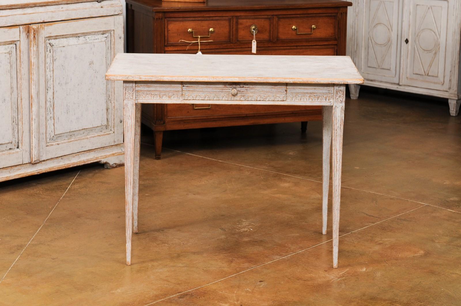 Swedish Gustavian Style 1850s Painted Desk with Single Drawer and Carved Apron 6