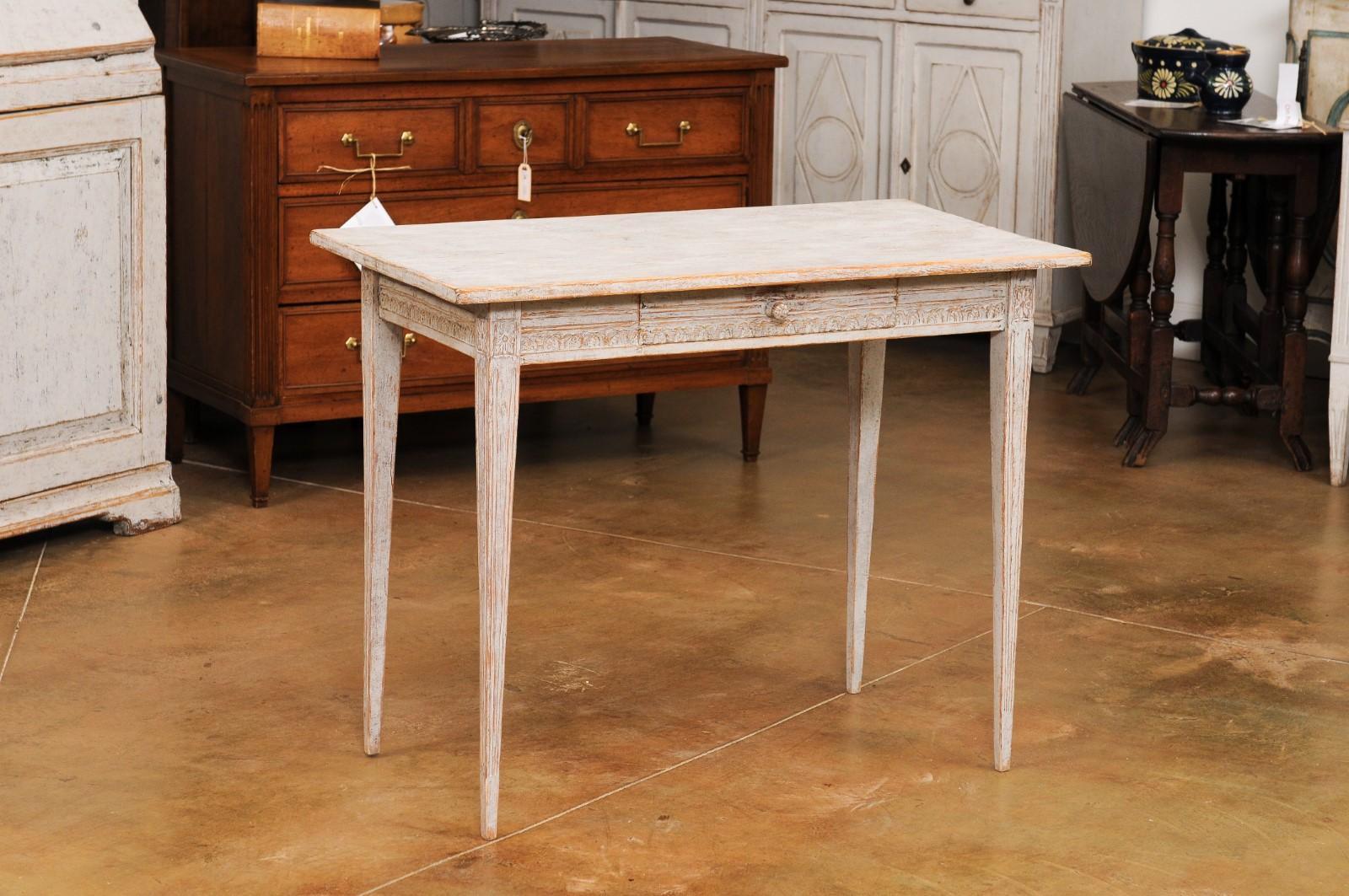Swedish Gustavian Style 1850s Painted Desk with Single Drawer and Carved Apron 7