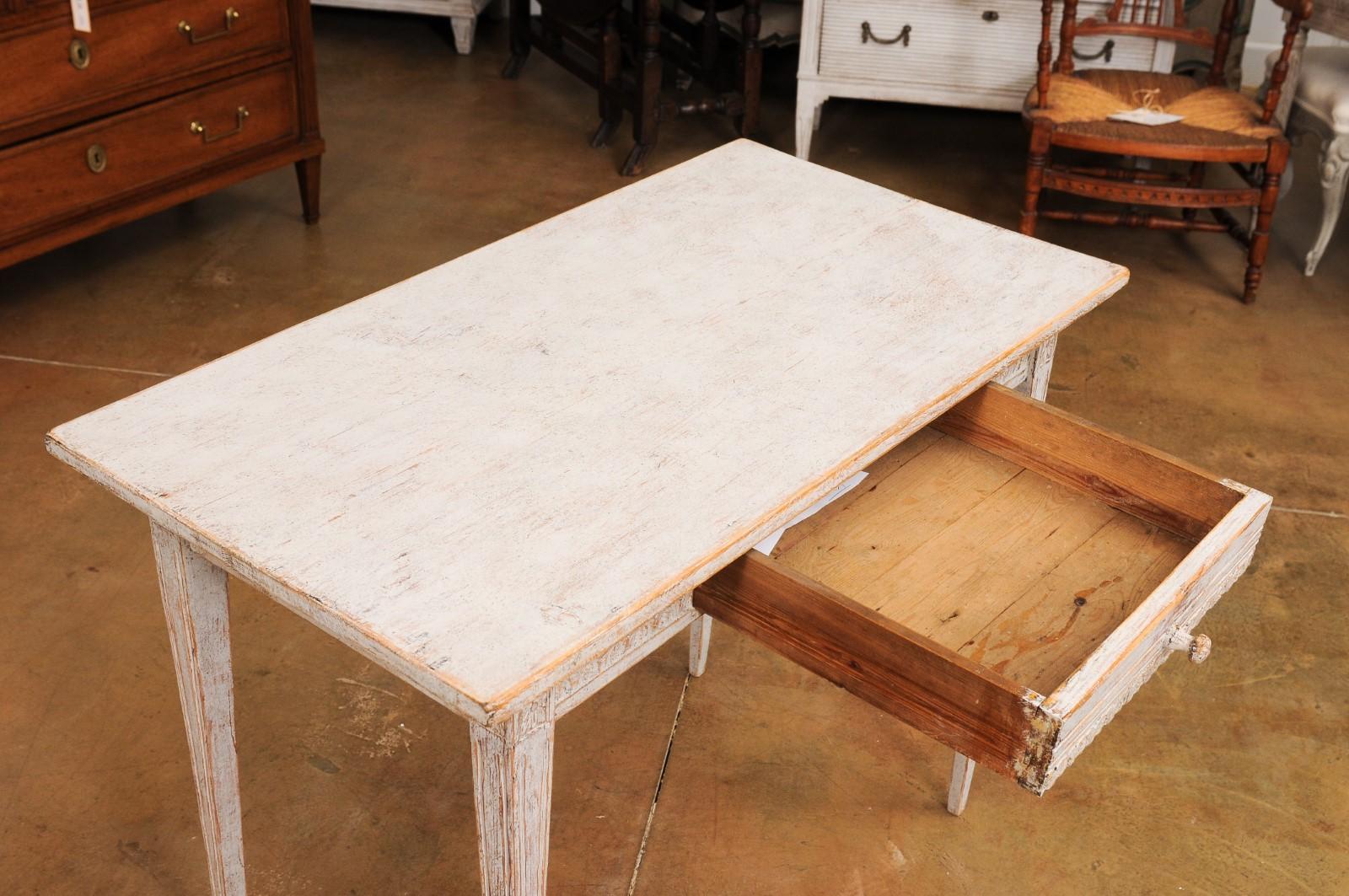 Swedish Gustavian Style 1850s Painted Desk with Single Drawer and Carved Apron In Good Condition In Atlanta, GA