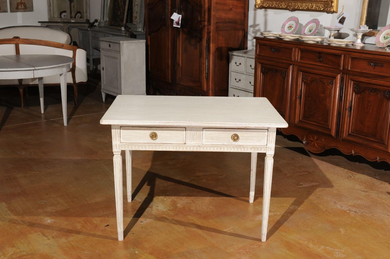 Swedish Gustavian Style 1850s Painted Desk with Two Drawers and Reeded Motifs 5
