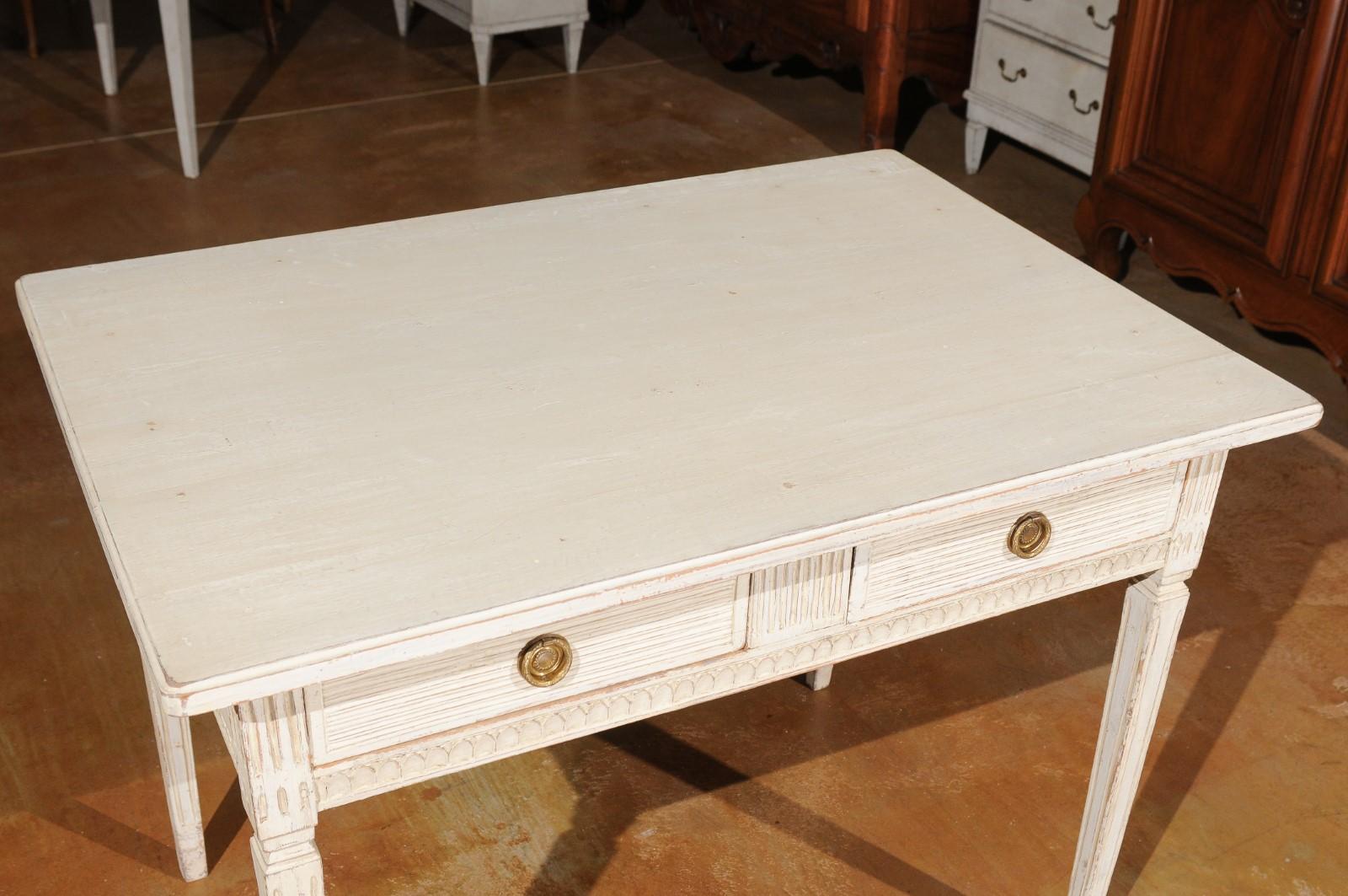 Swedish Gustavian Style 1850s Painted Desk with Two Drawers and Reeded Motifs In Good Condition In Atlanta, GA