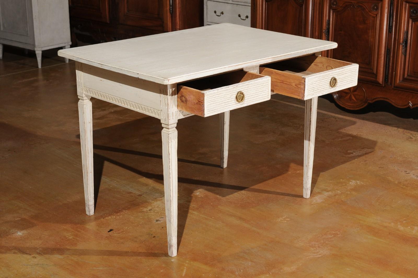 19th Century Swedish Gustavian Style 1850s Painted Desk with Two Drawers and Reeded Motifs