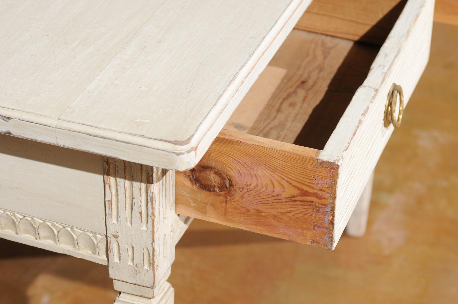 Wood Swedish Gustavian Style 1850s Painted Desk with Two Drawers and Reeded Motifs