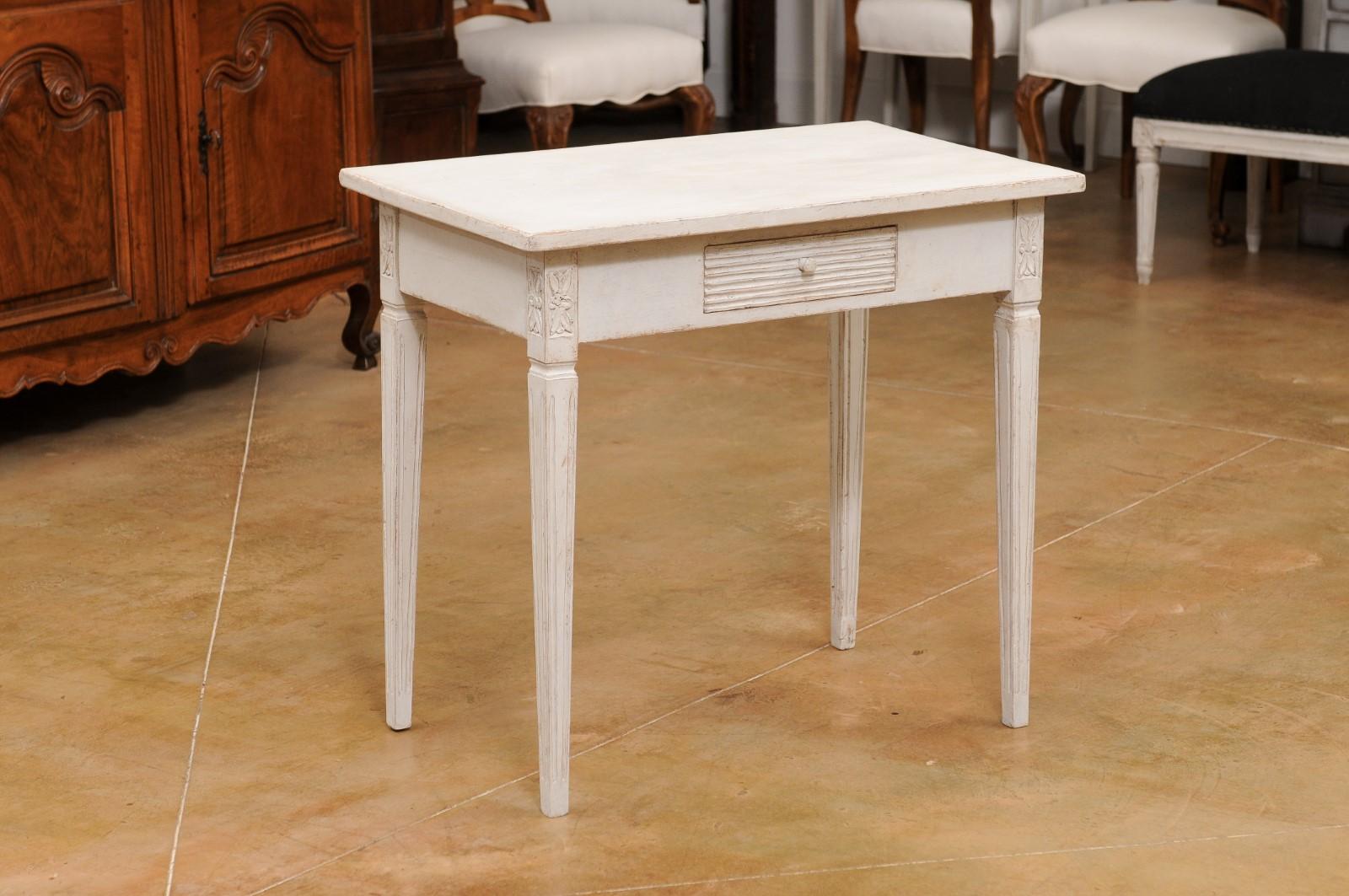 Swedish Gustavian Style 1850s Painted Side Table with Drawer and Carved Rosettes In Good Condition In Atlanta, GA