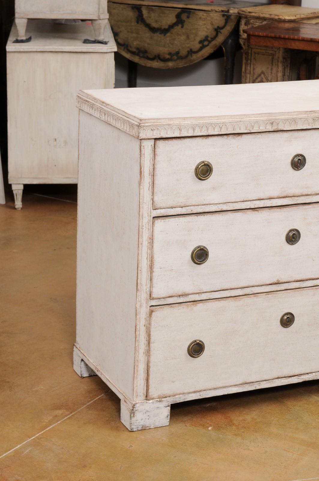 19th Century Swedish Gustavian Style 1850s Painted Three-Drawer Chest with Carved Motifs