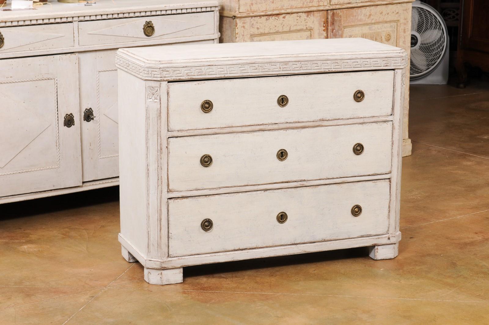 Carved Swedish Gustavian Style 1860s Painted Three-Drawer Chest with Greek Key Frieze