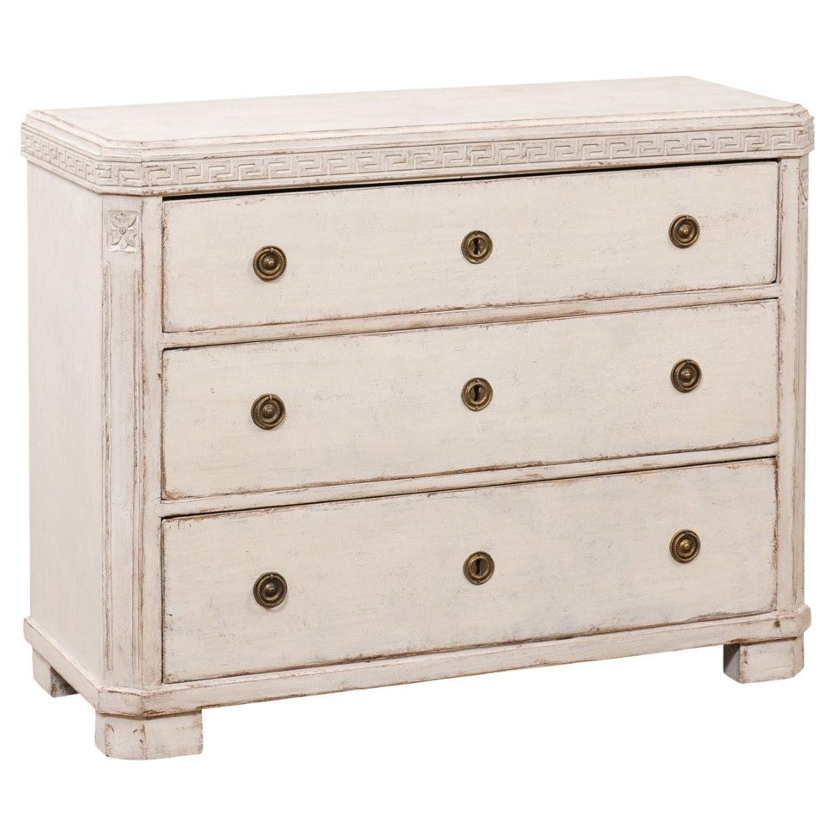 Swedish Gustavian Style 1860s Painted Three-Drawer Chest with Greek Key Frieze For Sale