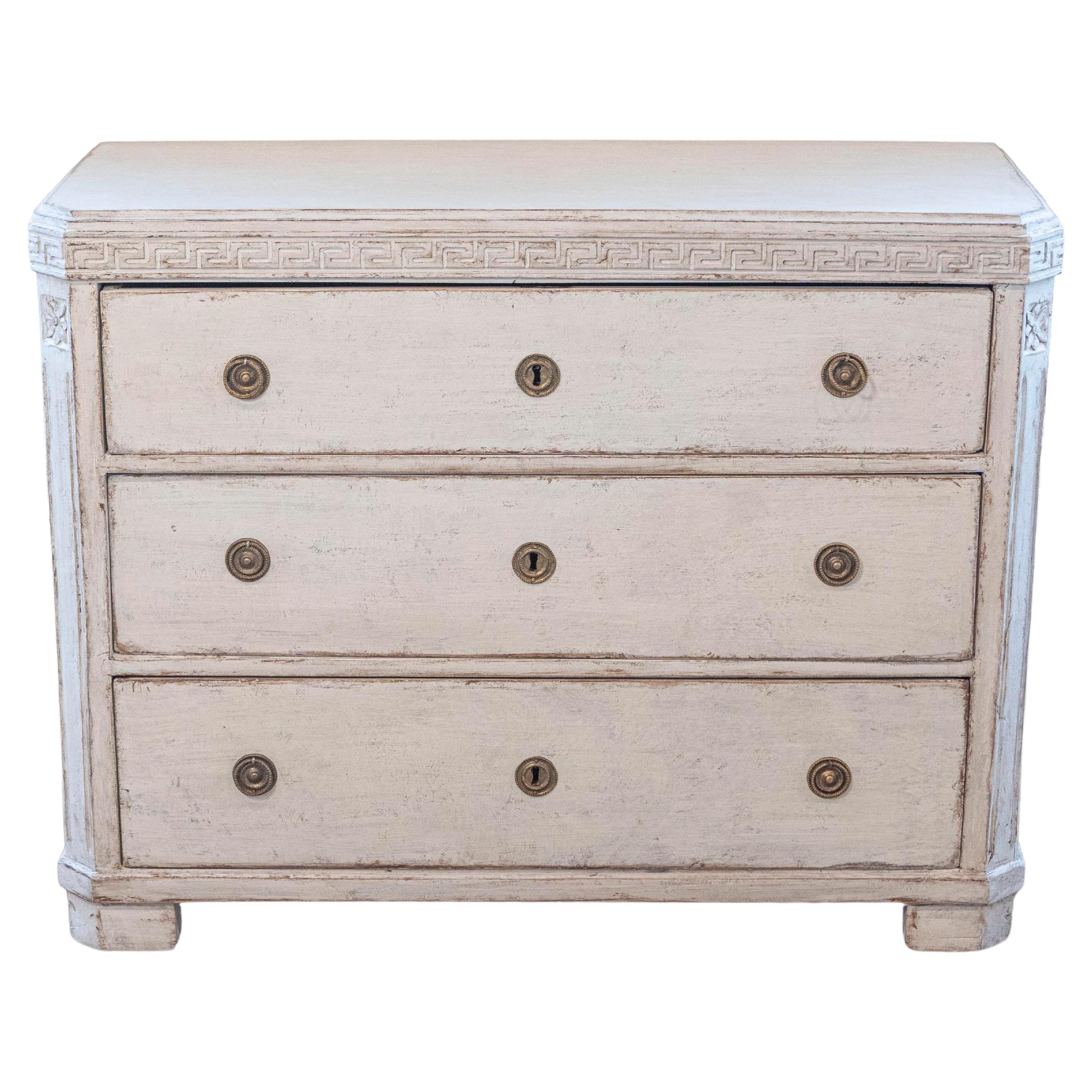 Swedish Gustavian Style 1860s Painted Three-Drawer Chest with Greek Key Frieze