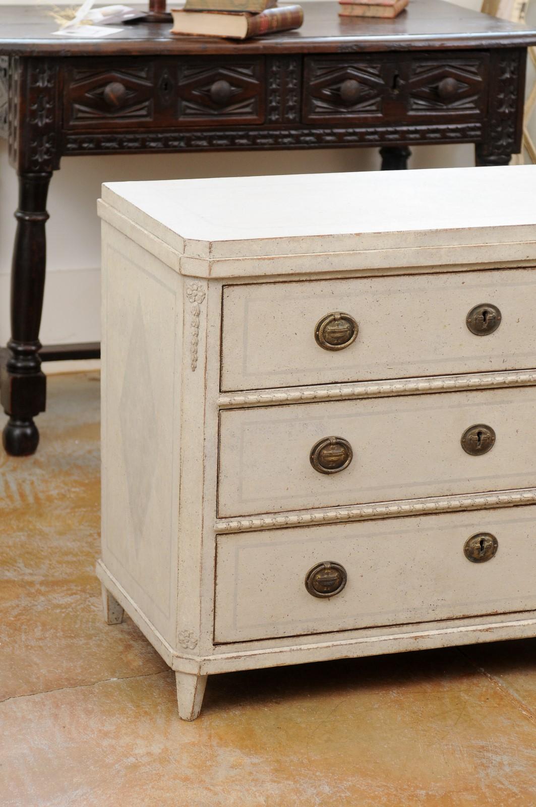 19th Century Swedish Gustavian Style 1860s Painted Wood Three-Drawer Chest with Carved Motifs For Sale