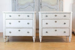 Swedish Gustavian Style 1870s Gray Painted and Carved Three Drawer Chests, Pair