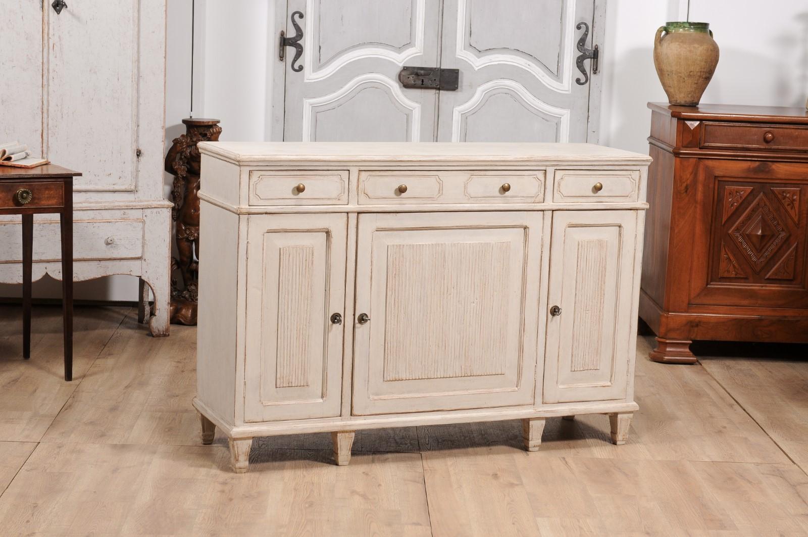 Swedish Gustavian Style 1870s Gray Painted Sideboard with Carved Reeded Panels In Good Condition For Sale In Atlanta, GA