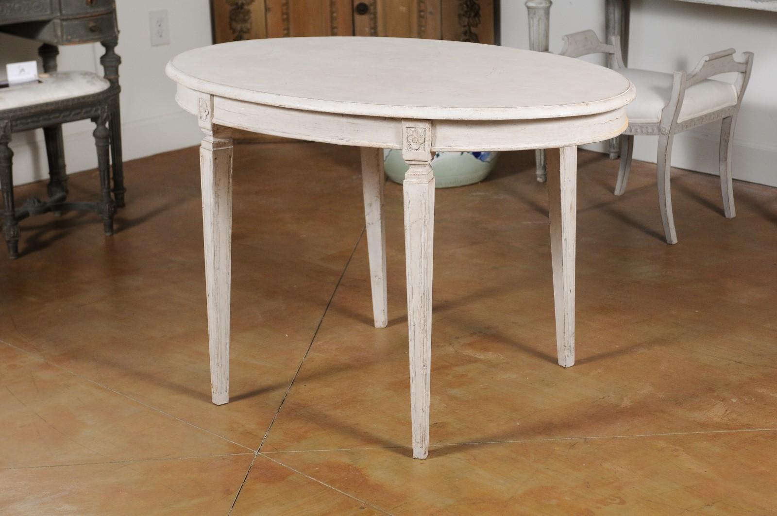19th Century Swedish Gustavian Style 1880s Oval Top Painted Table with Tapered Fluted Legs