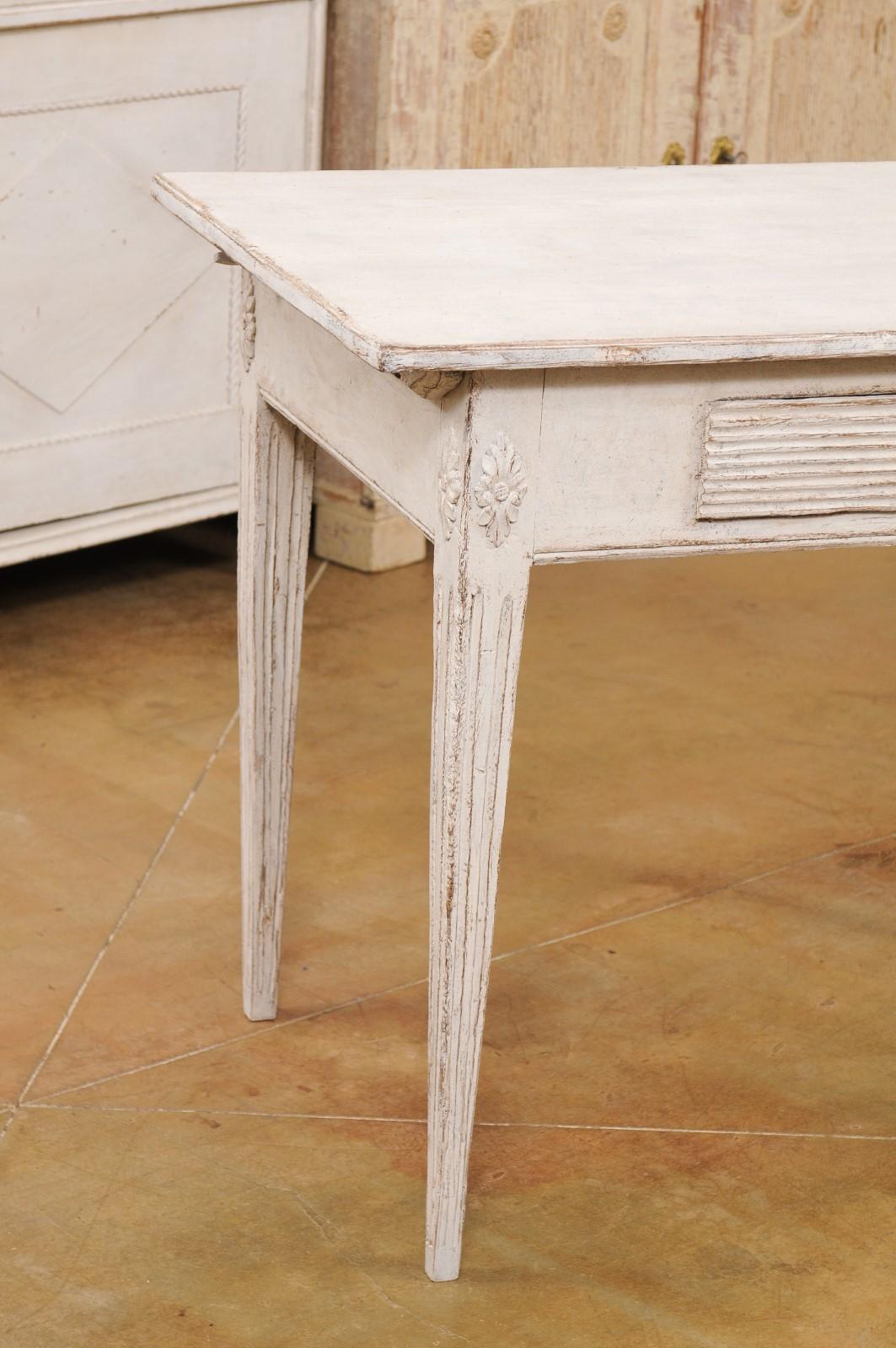 19th Century Swedish Gustavian Style 1880s Painted and Carved Side Table with Reeded Drawer