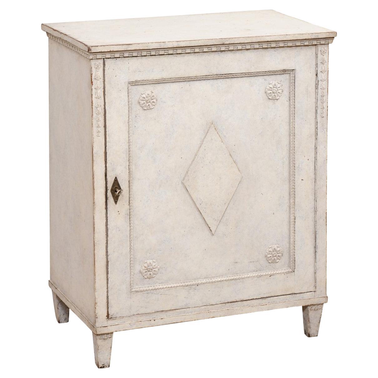 Swedish Gustavian Style 1880s Painted Cabinet with Carved Diamond and Rosettes For Sale