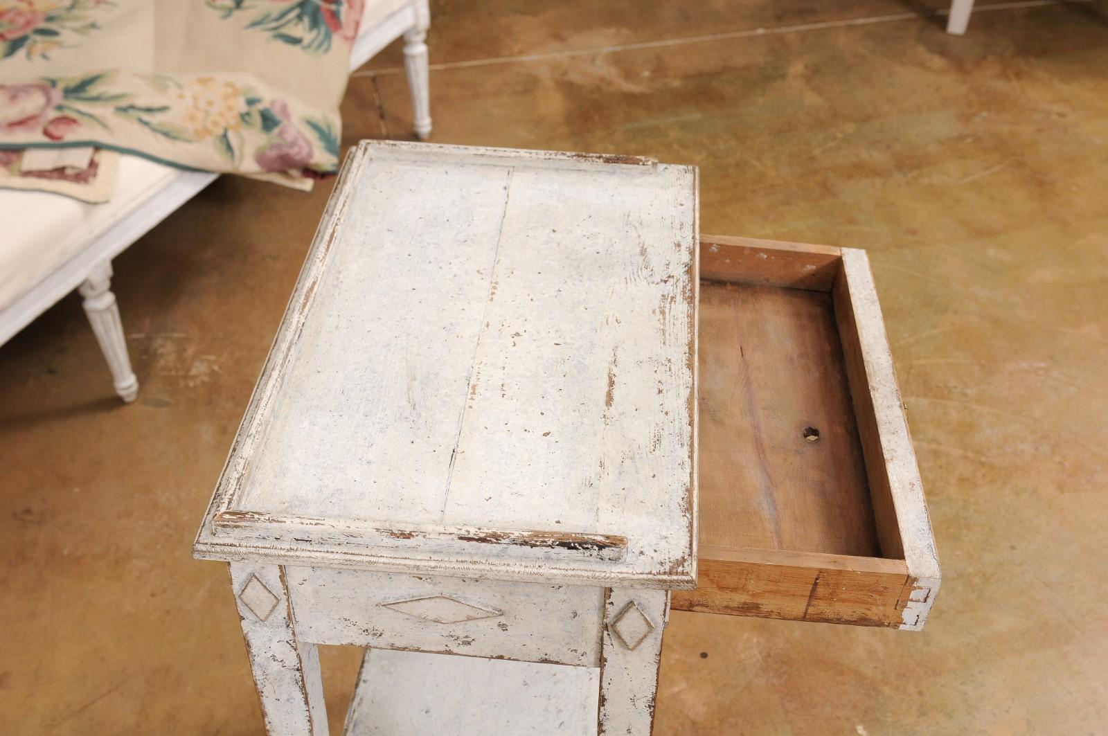19th Century Swedish Gustavian Style 1880s Painted Lamp Table with Carved Diamond Motifs