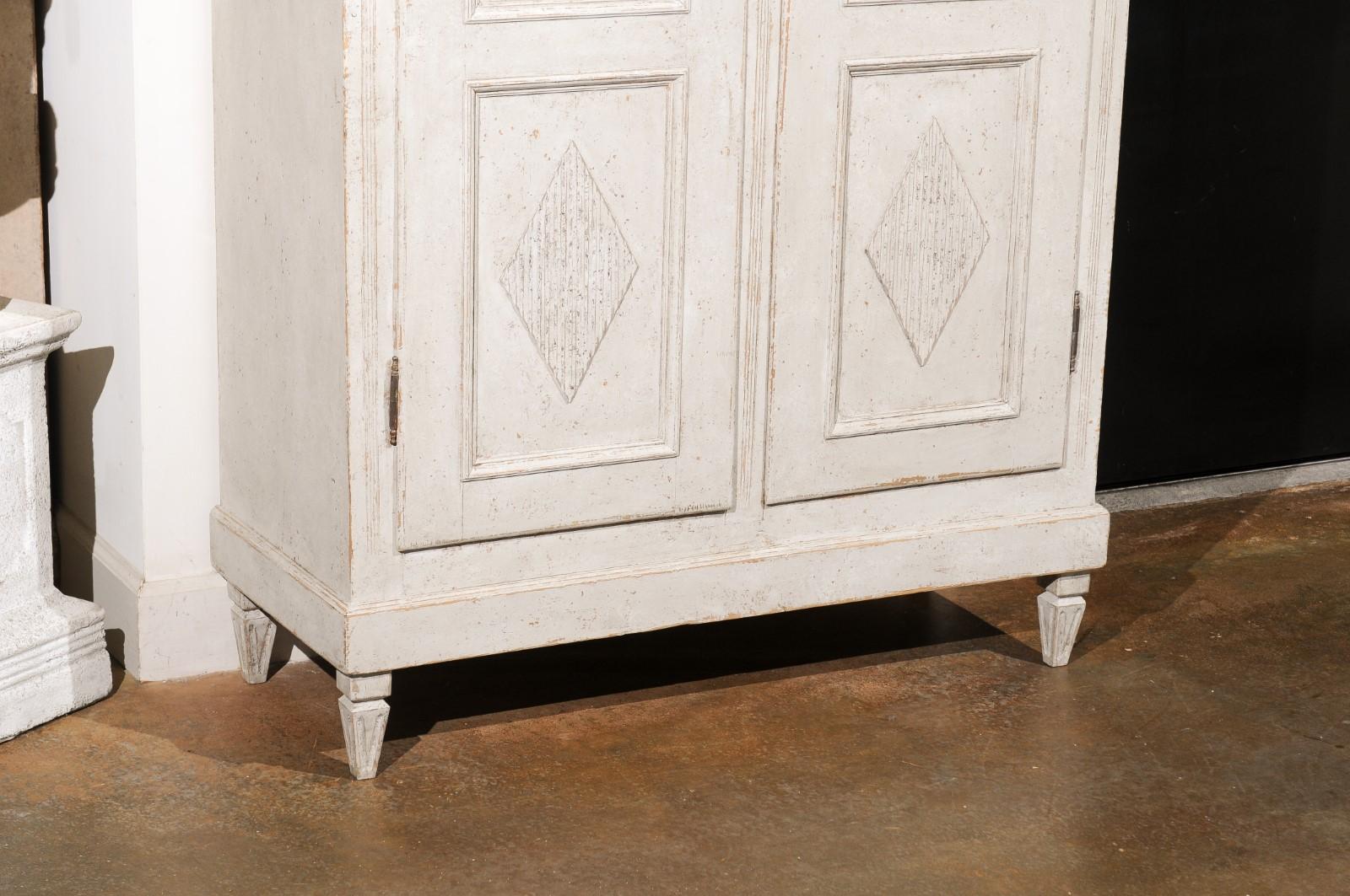 19th Century Swedish Gustavian Style 1880s Painted Linen Cabinet with Carved Diamond Motifs