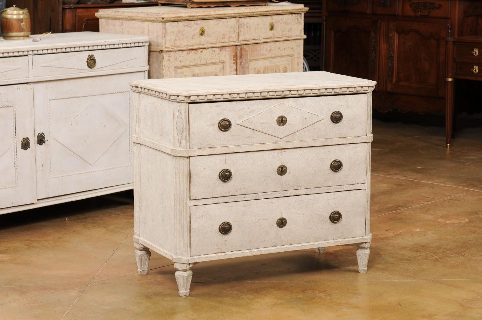 Carved Swedish Gustavian Style 1880s Painted Three-Drawer Chest with Diamond Motif