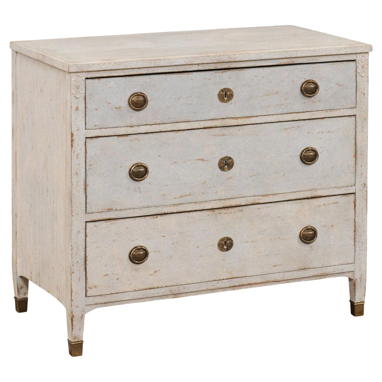 Swedish Gustavian Style 1880s Painted Three-Drawer Chest with Distressed Patina