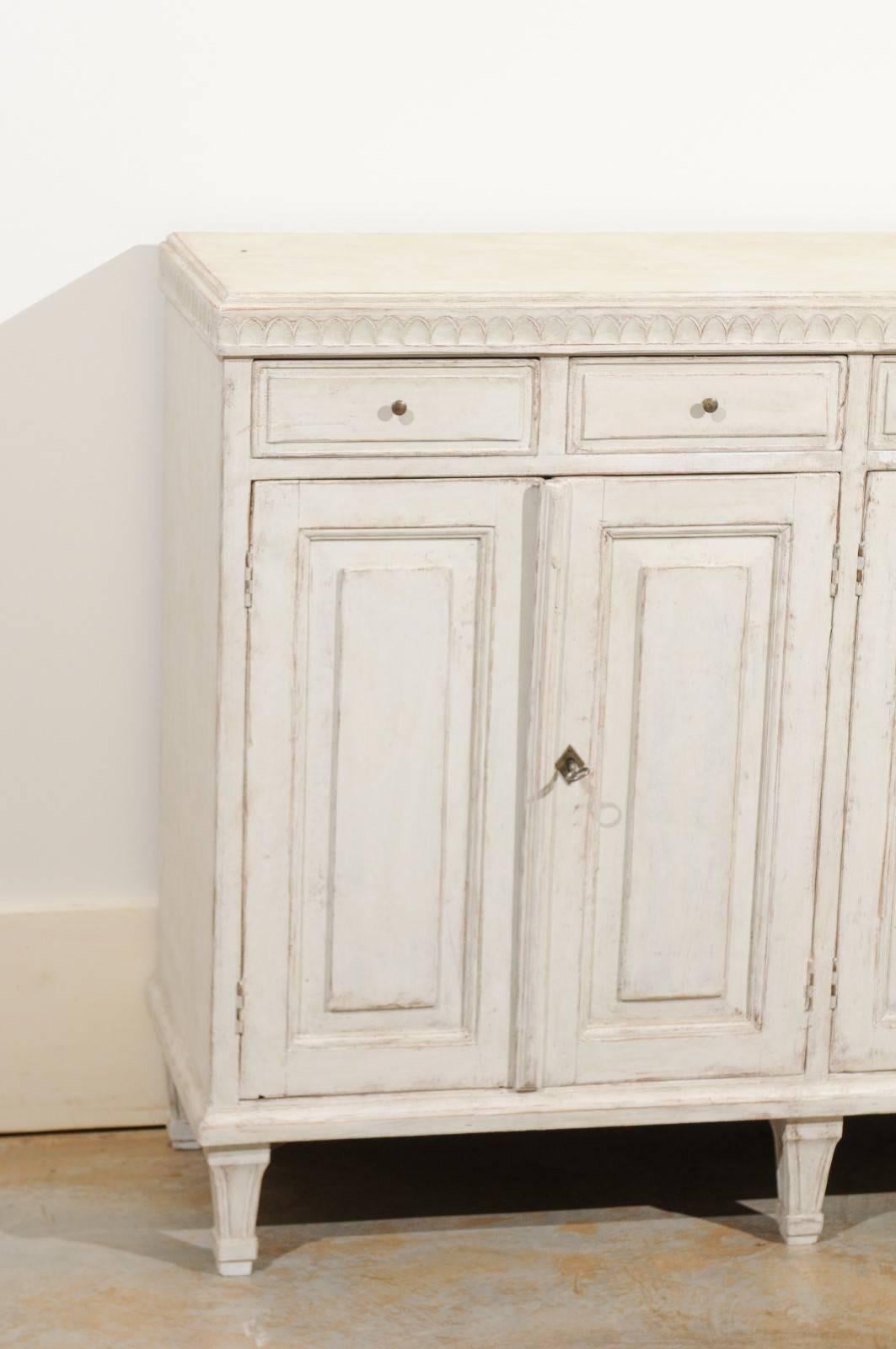 Carved Swedish Gustavian Style 1880s Stockholm Painted Buffet with Drawers and Doors