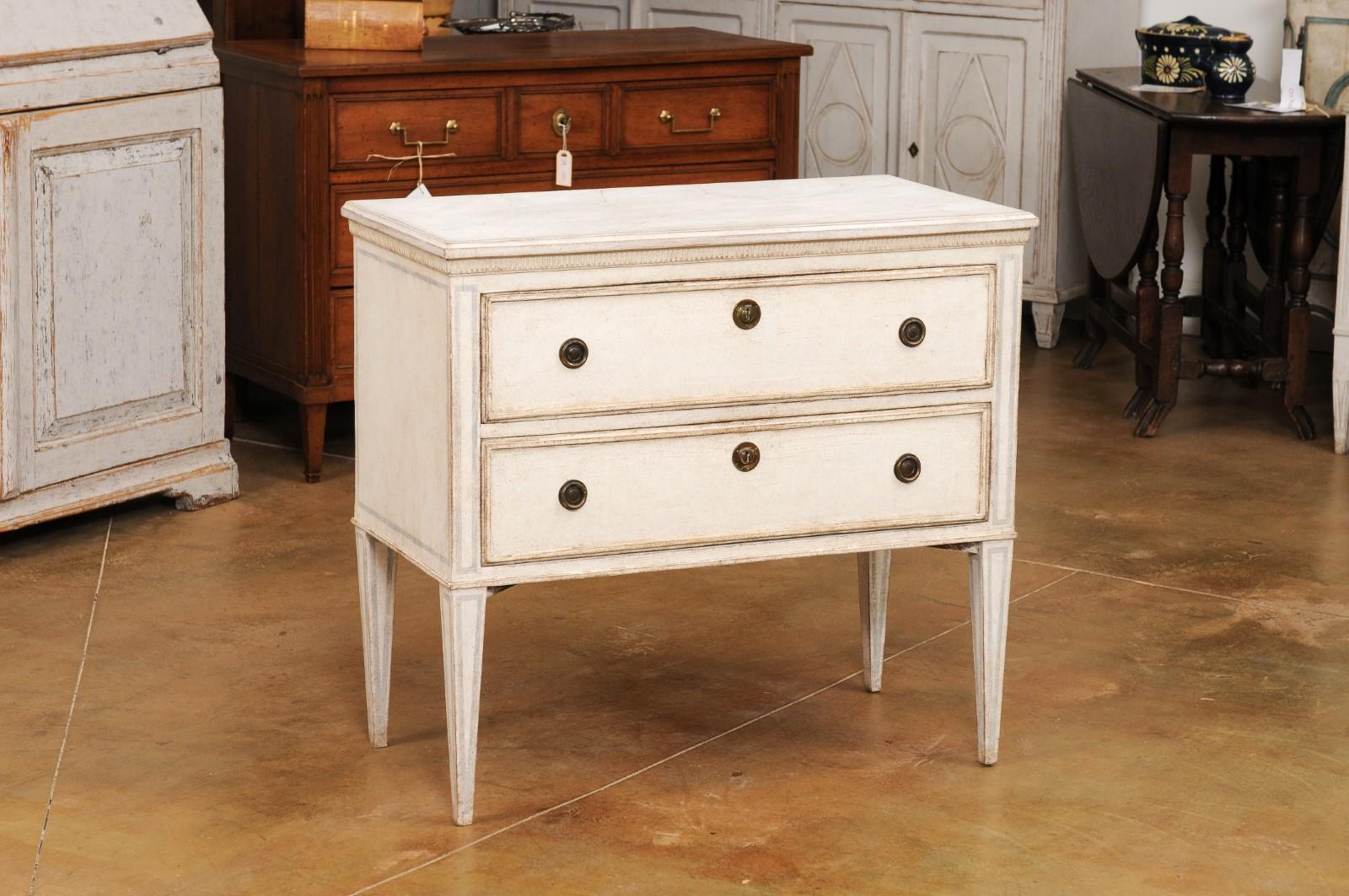 Carved Swedish Gustavian Style 1890s Chest with Two Drawers and Grey Painted Outlines For Sale