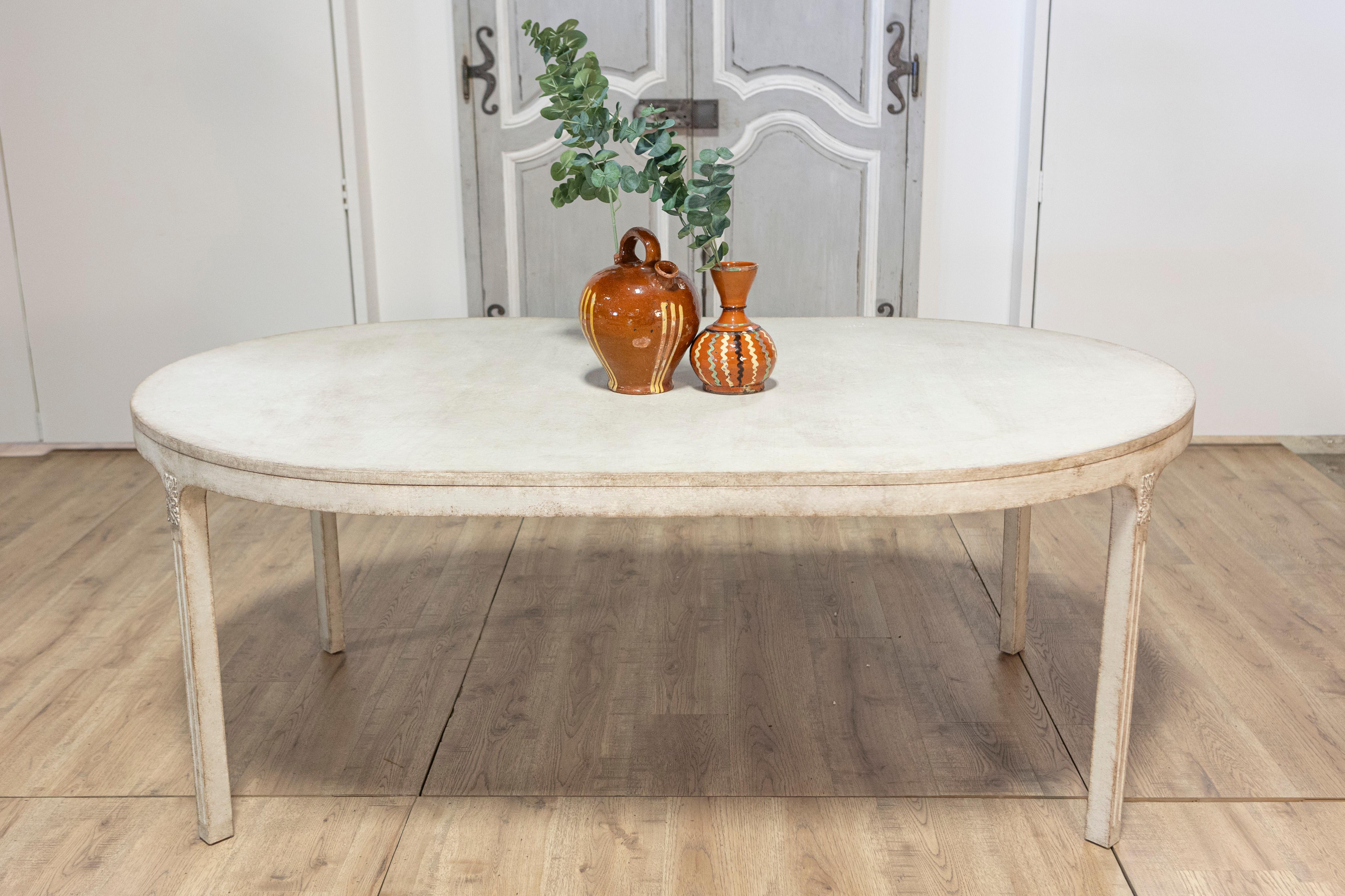 Wood Swedish Gustavian Style 1890s Light Gray Painted Dining Table with Oval Top For Sale