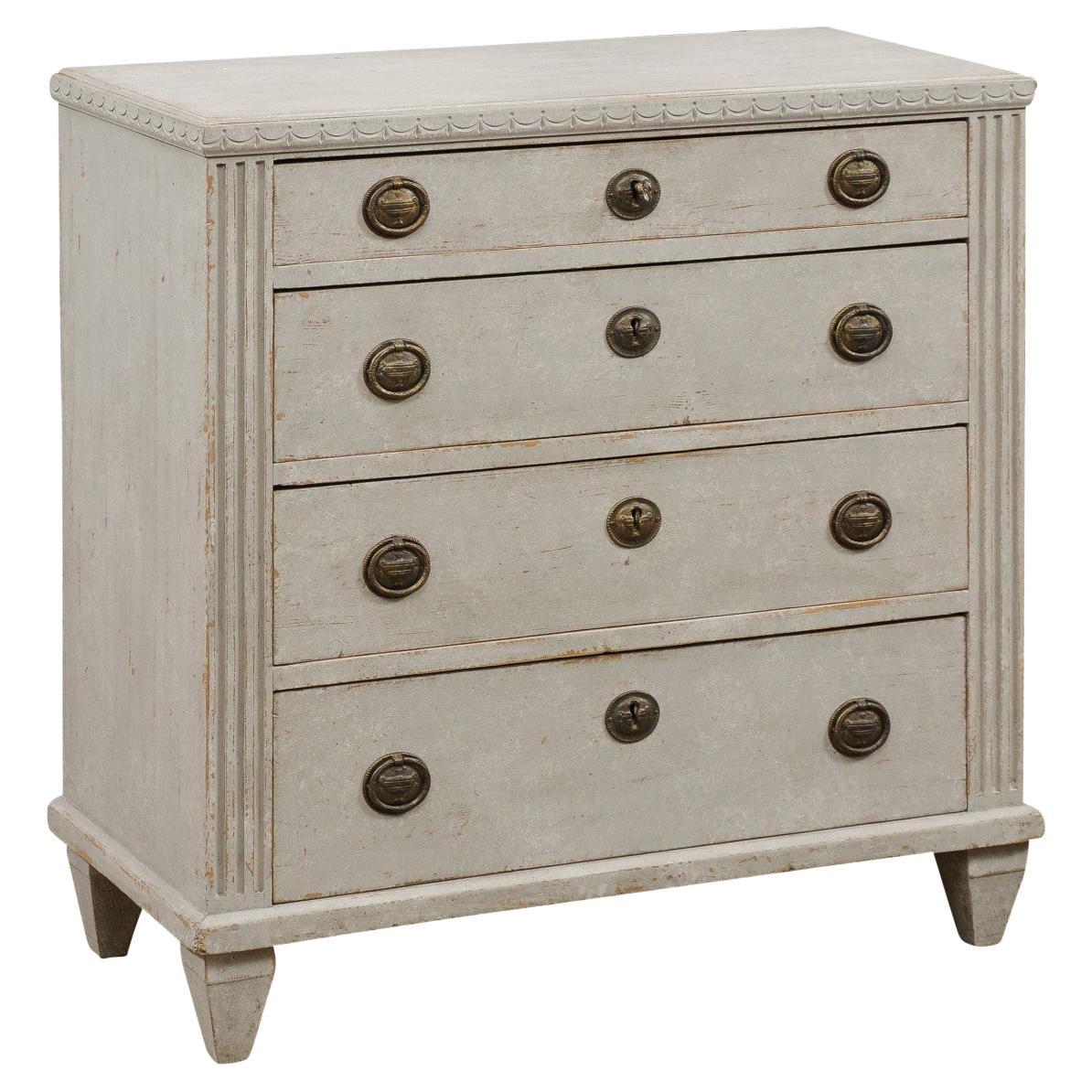 Swedish Gustavian Style 1890s Painted Chest with Carved Garland and Four Drawers