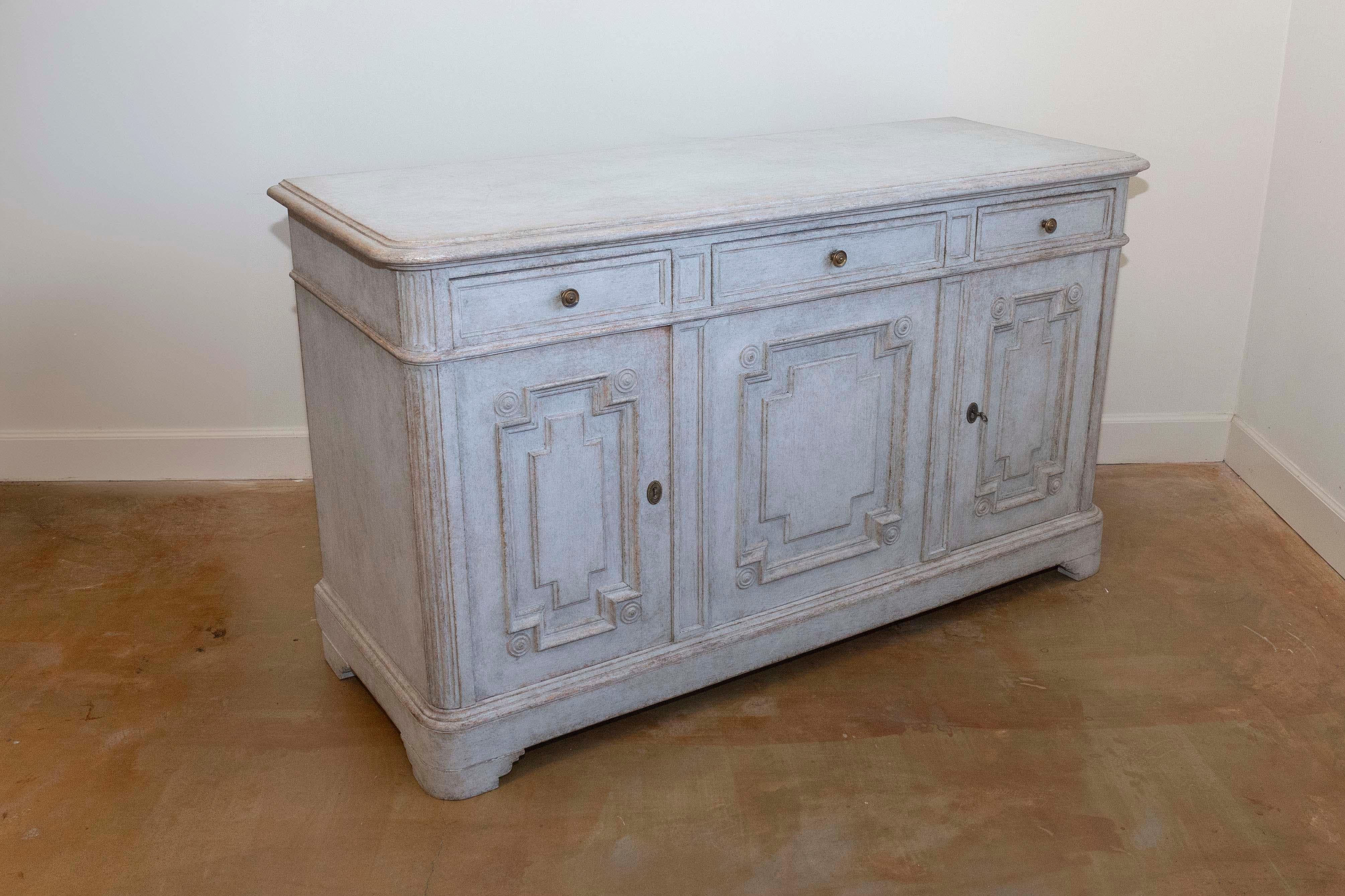 19th Century Swedish Gustavian Style 1890s Painted Sideboard with Carved Geometric Motifs