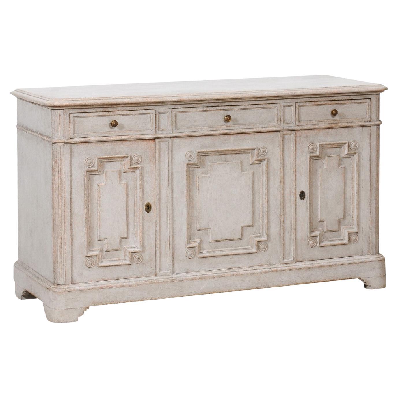 Swedish Gustavian Style 1890s Painted Sideboard with Carved Geometric Motifs For Sale