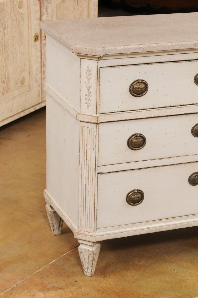 19th Century Swedish Gustavian Style 1890s Painted Three-Drawer Chest with Carved Foliage For Sale