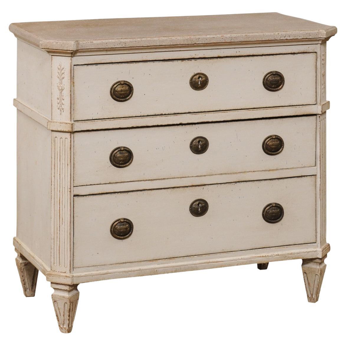 Swedish Gustavian Style 1890s Painted Three-Drawer Chest with Carved Foliage For Sale