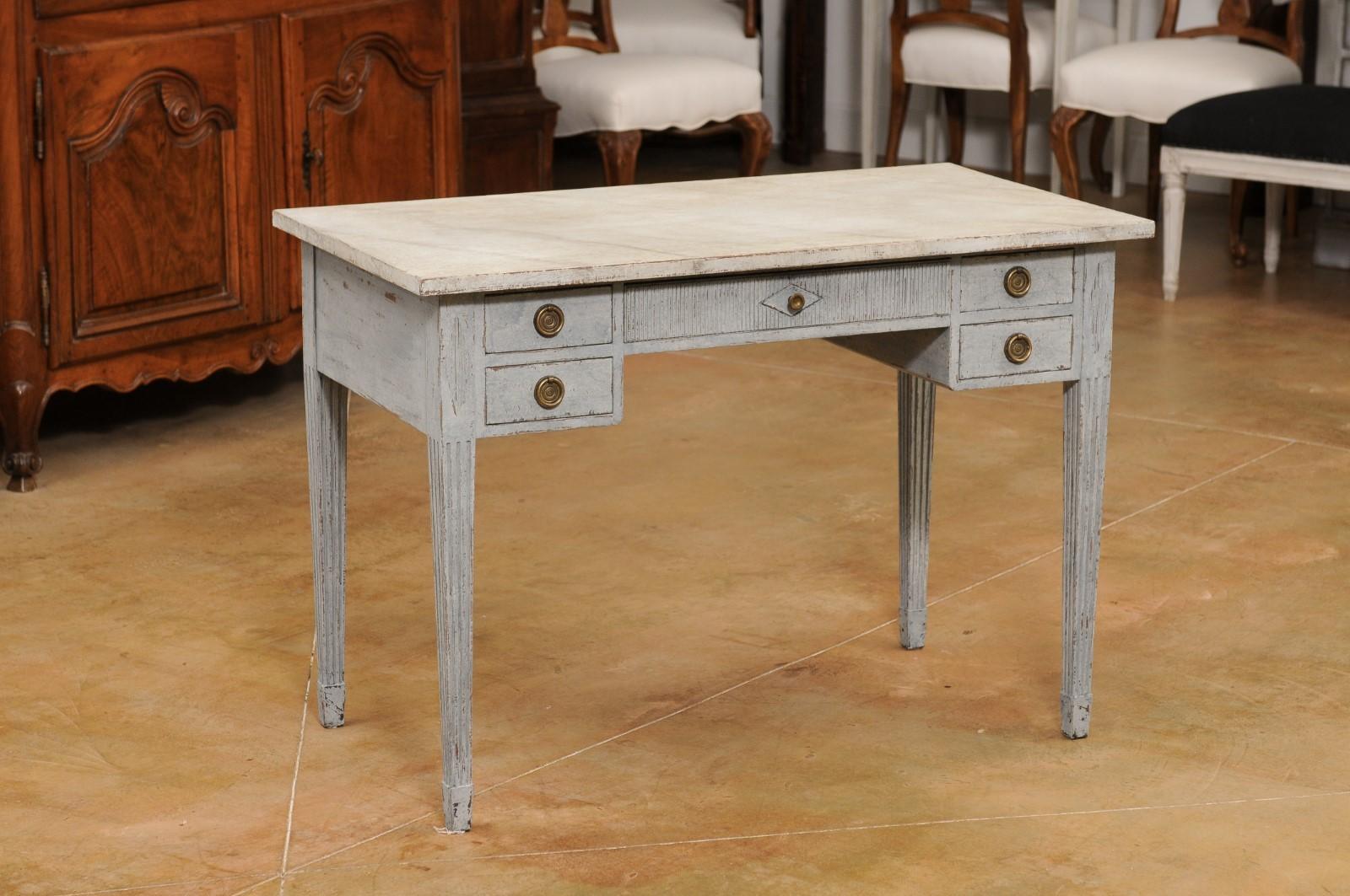 Carved Swedish Gustavian Style 1890s Painted Wood Lady's Desk with Faux Marble Top