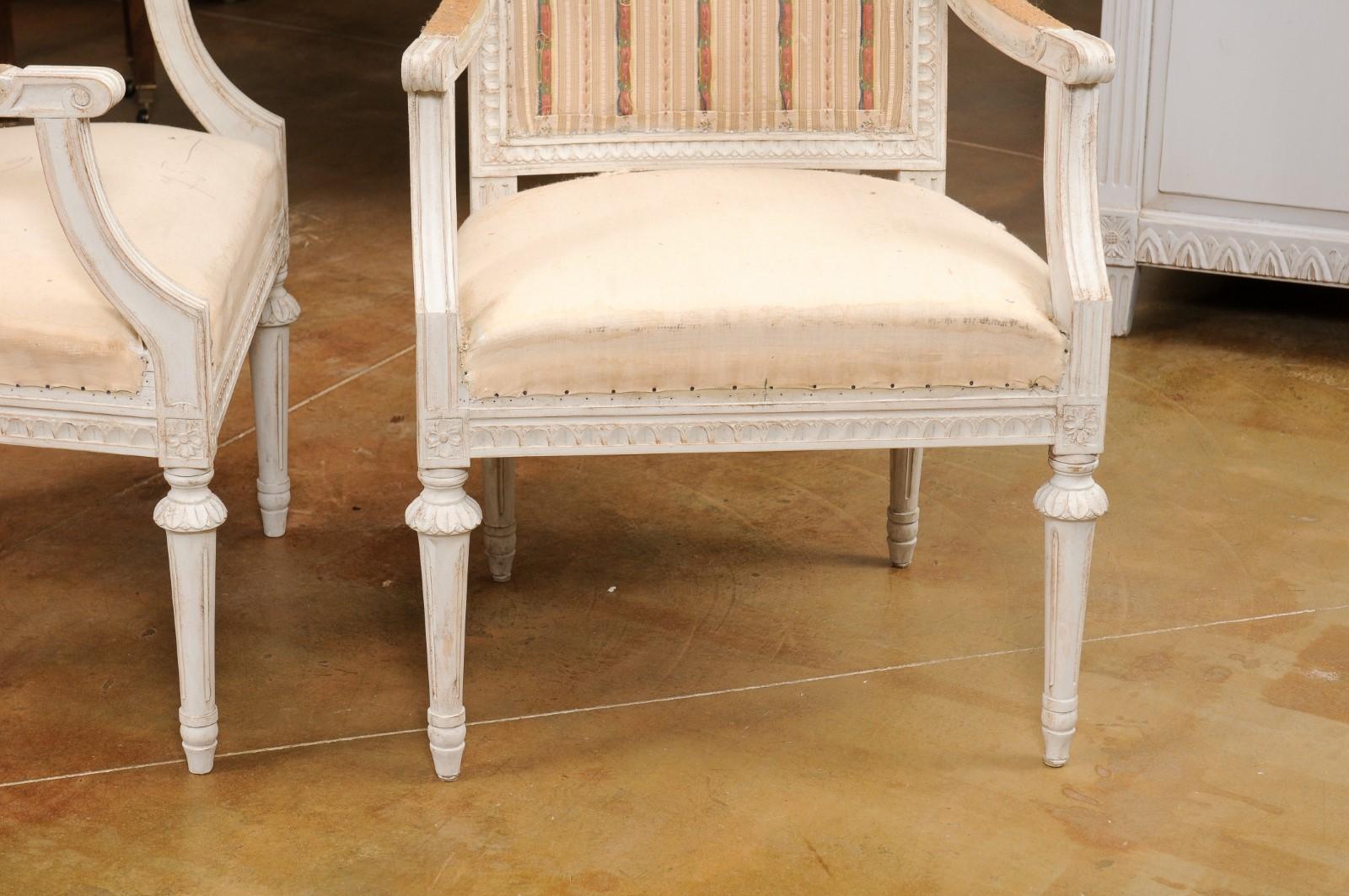Upholstery Swedish Gustavian Style 1900 Painted Wood Armchairs with Carved Aprons For Sale
