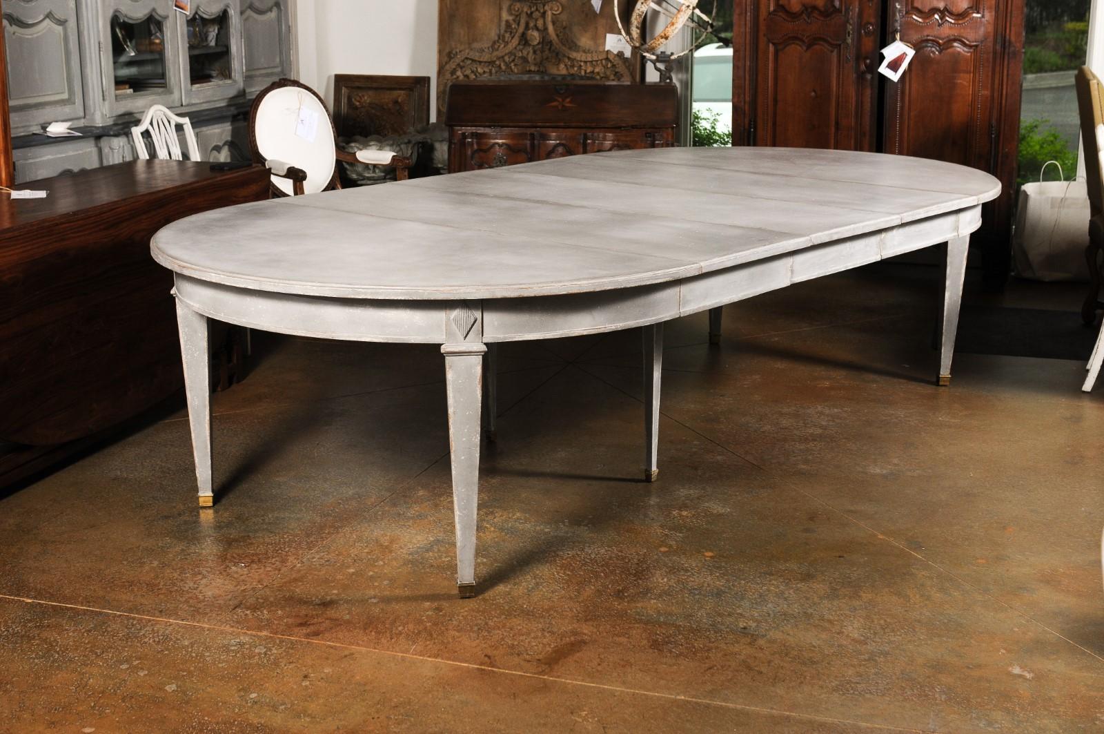 Brass Swedish Gustavian Style 1900s Painted Oval Dining Room Table with Three Leaves