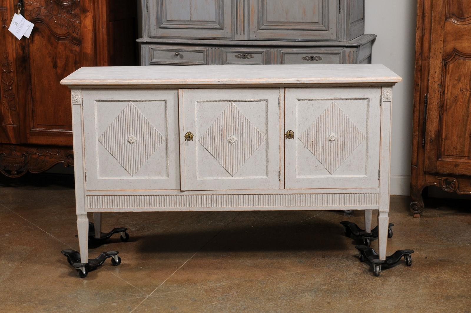 Carved Swedish Gustavian Style 1900s Painted Three-Door Sideboard with Diamond Motifs